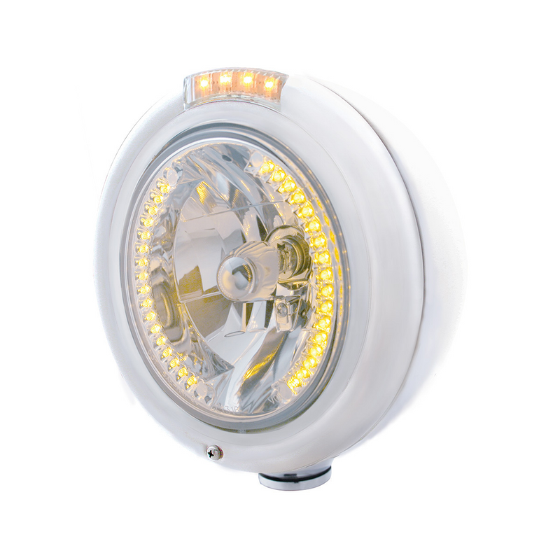 United Pacific Stainless Steel Classic Headlight H4 With 34 Amber LED & Dual Mode LED Signal Clear Lens 32471