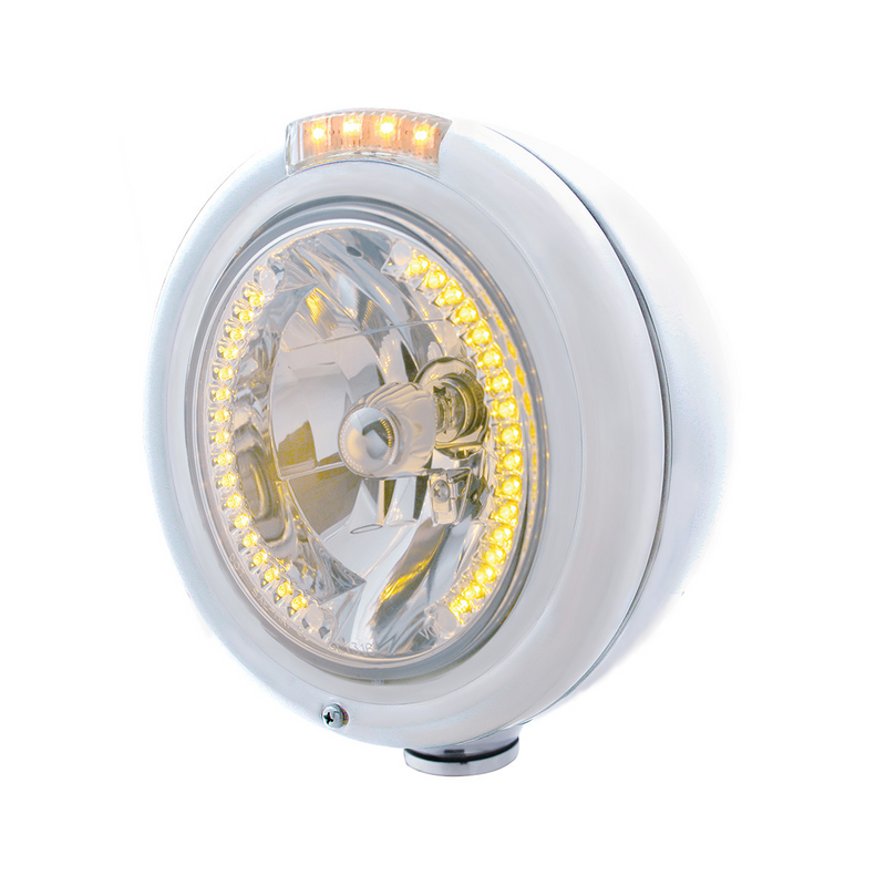 United Pacific Stainless Steel Classic Headlight H4 With 34 Amber LED & Signal Clear Lens 32473