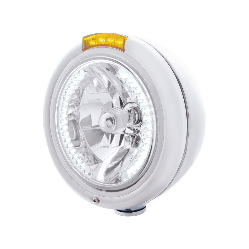 United Pacific Stainless Steel Classic Headlight H4 With 34 White LED & Dual Mode LED Signal Amber Lens 32474