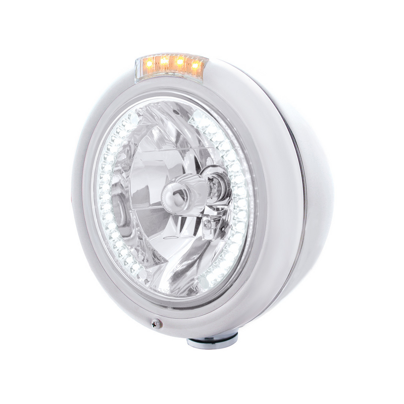 United Pacific Stainless Steel Classic Headlight H4 With 34 White LED & Dual Mode LED Signal Clear Lens 32475