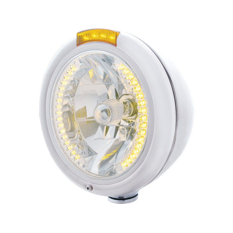 United Pacific Chrome Classic Headlight H4 With 34 Amber LED & Dual Mode LED Signal Amber Lens 32478
