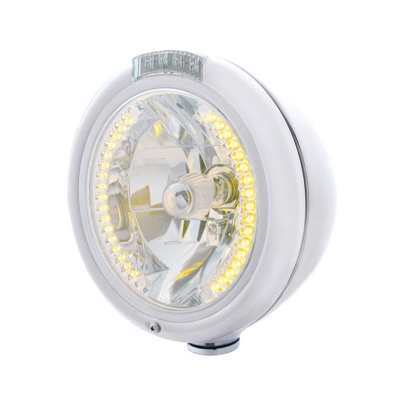 United Pacific Chrome Classic Headlight H4 With 34 Amber LED & Dual Mode LED Signal Clear Lens 32479