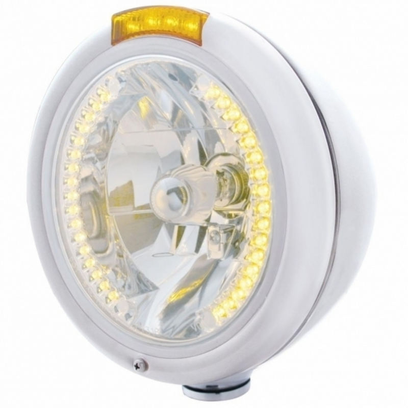 United Pacific Chrome Classic Headlight H4 With 34 Amber LED & LED Signal Amber Lens 32480