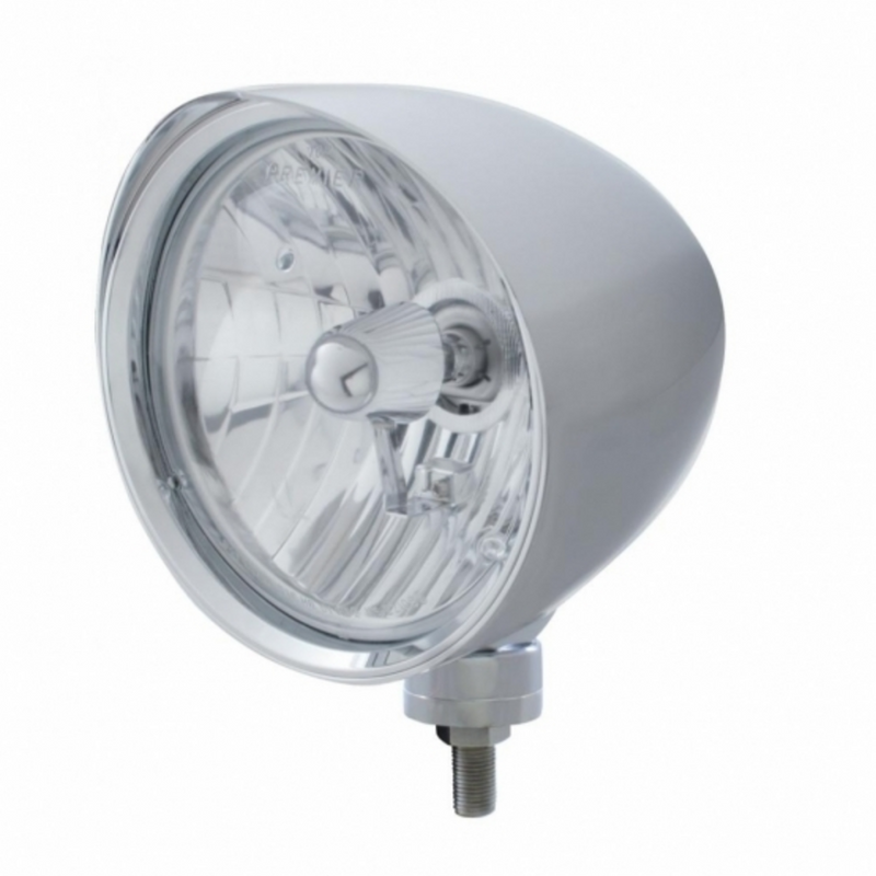 United Pacific Chrome "Chopper" Headlight With Smooth Visor Crystal H4 Bulb 32510
