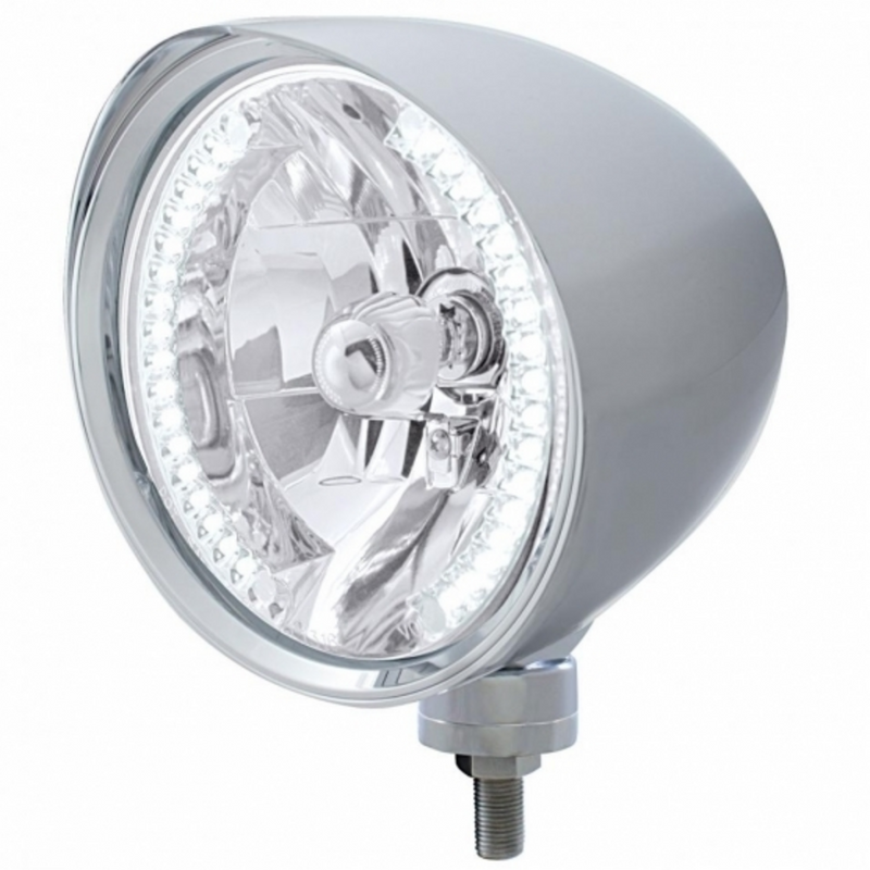 United Pacific Chrome "Chopper" Headlight With Smooth Visor H4 Bulb With 34 White LED 32512
