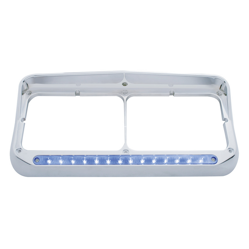 United Pacific 14 LED Chrome Rectangular Dual Headlight Bezel With Visor Blue LED/Clear Lens 32574