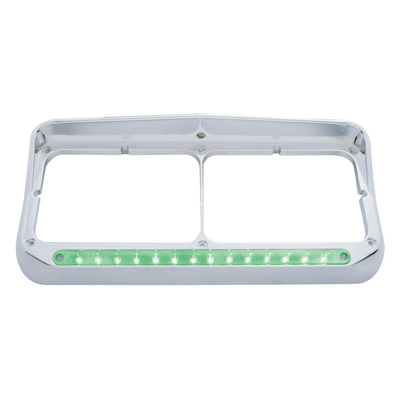 United Pacific 14 LED Chrome Rectangular Dual Headlight Bezel With Visor Green LED/Clear Lens 32575