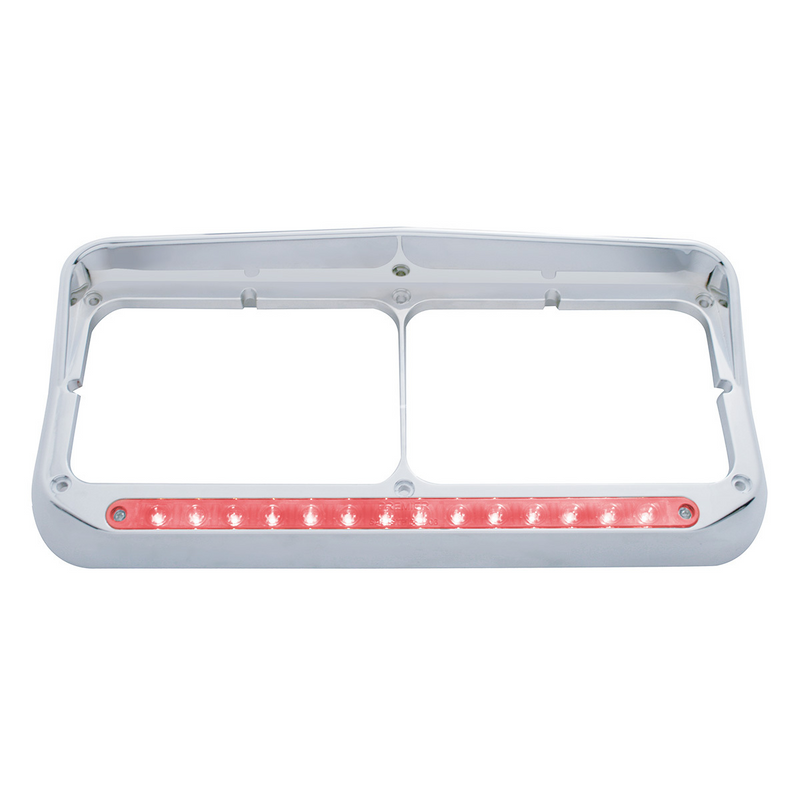 United Pacific 14 LED Chrome Rectangular Dual Headlight Bezel With Visor Red LED/Clear Lens 32576