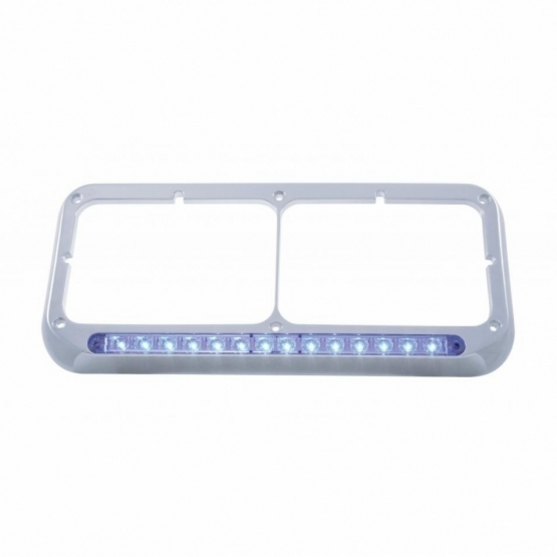 United Pacific 14 LED Chrome Rectangular Dual Headlight Bezel Blue LED/Clear Lens 32577