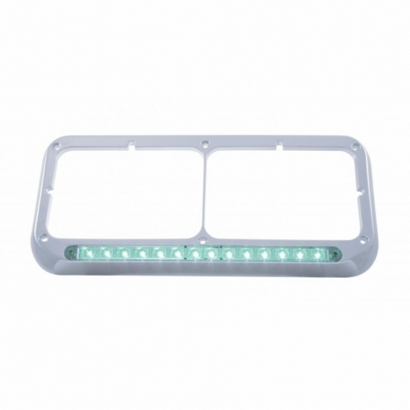 United Pacific 14 LED Chrome Rectangular Dual Headlight Bezel Green LED/Clear Lens 32578