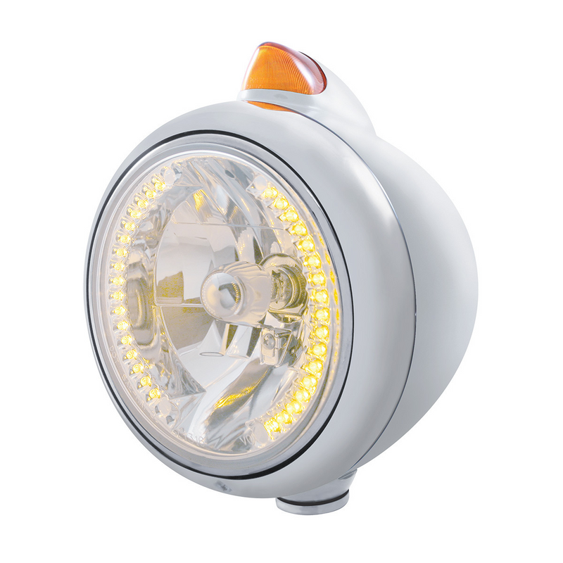 United Pacific Stainless Steel Guide 682-C Headlight H4 With Amber LED & Original Style LED Signal Amber Lens 32610