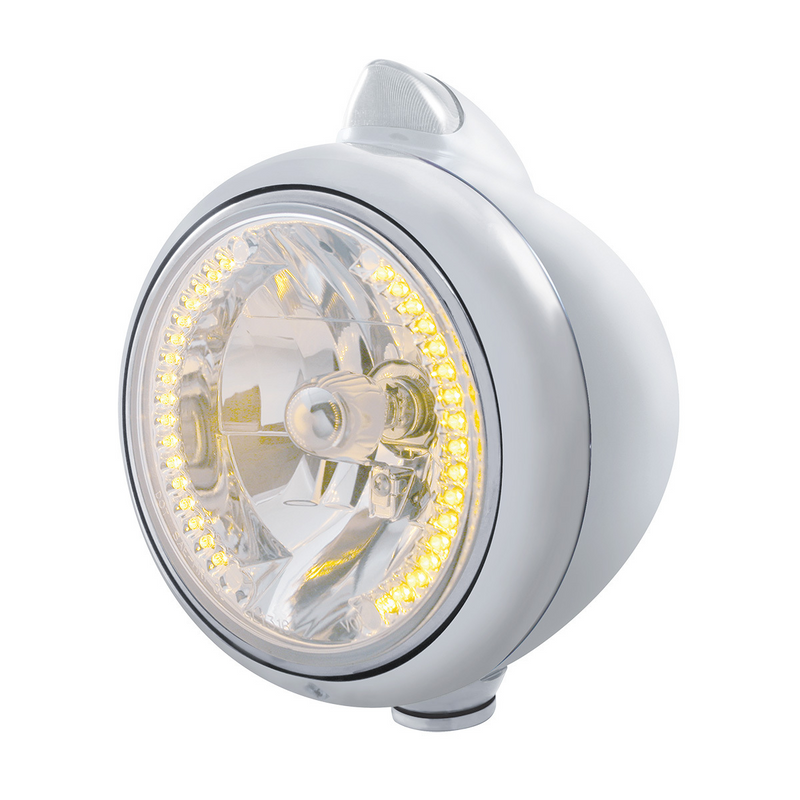 United Pacific Stainless Steel Guide 682-C Headlight H4 With Amber LED & Original Style LED Signal Clear Lens 32611