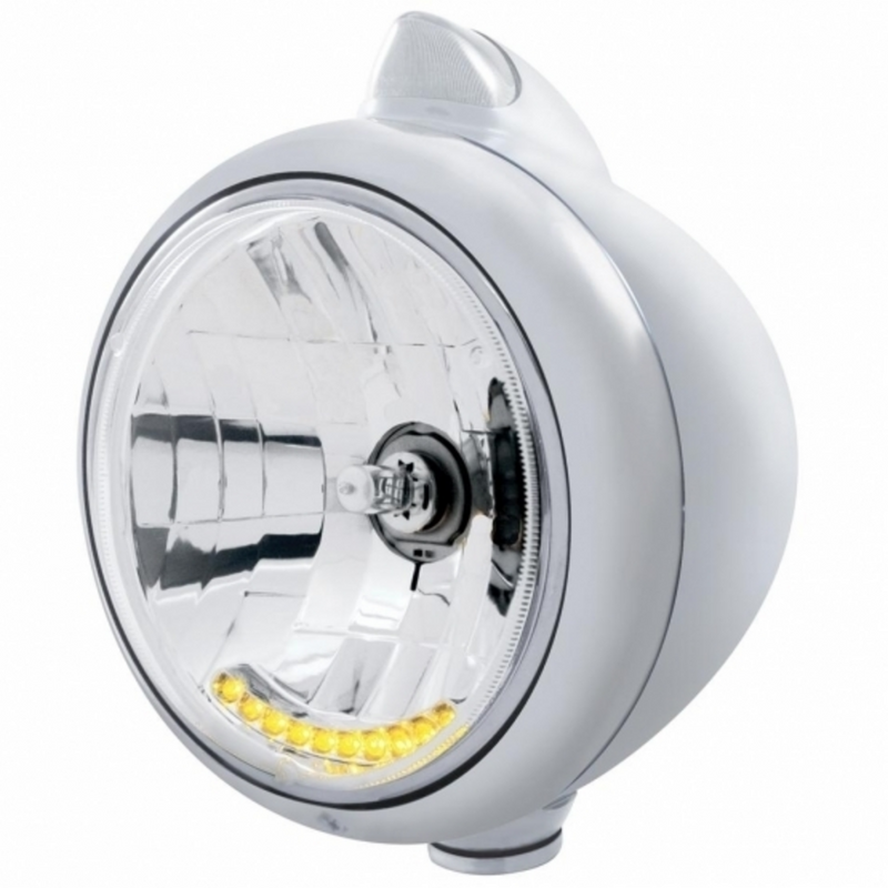 United Pacific Stainless Steel Guide 682-C Headlight H4 With 10 Amber LED & Original Style LED Signal Clear Lens 32615