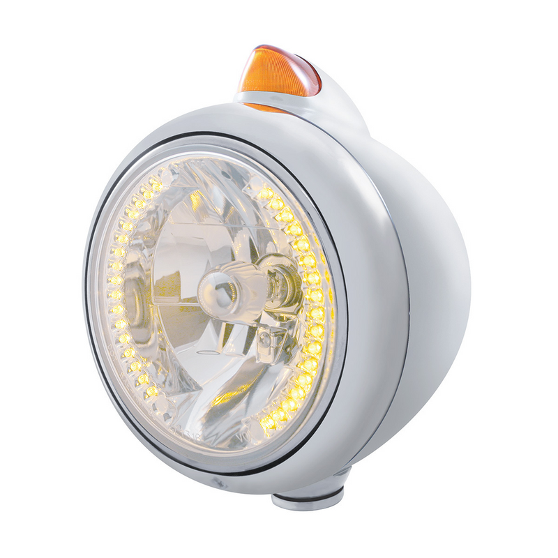 United Pacific Chrome Guide 682-C Headlight H4 With Amber LED & Original Style LED Signal Amber Lens 32626