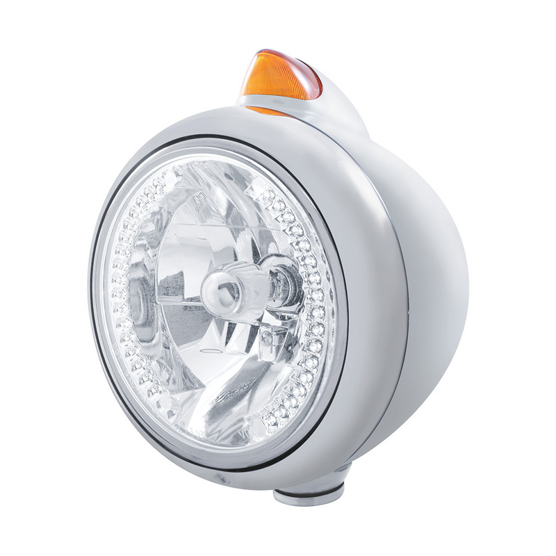 United Pacific Chrome Guide 682-C Headlight H4 With White LED & Original Style LED Signal Amber Lens 32628