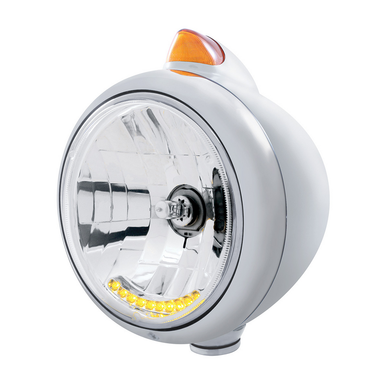 United Pacific Chrome Guide 682-C Headlight H4 With 10 Amber LED & Original Style Turn Amber Lens 32630