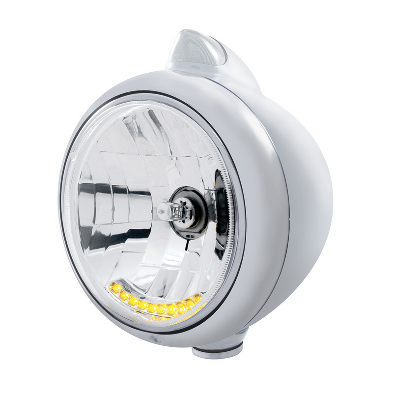 United Pacific Chrome Guide 682-C Headlight H4 With 10 Amber LED & Original Style Turn Clear Lens 32631