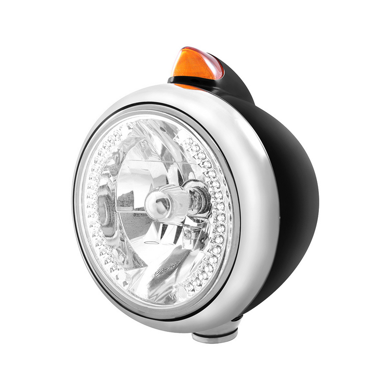 United Pacific Black Guide 682-C Headlight H4 With White LED & Original Style LED Signal Amber Lens 32644