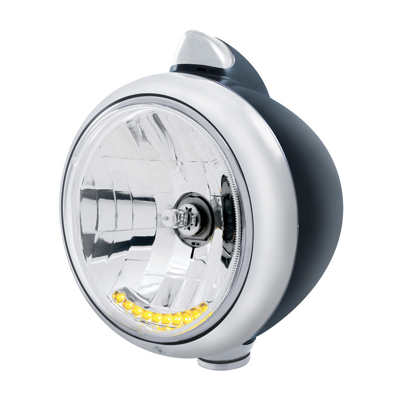 United Pacific Black Guide 682-C Headlight H4 With 10 Amber LED & Original Style LED Signal-Clear Lens 32647