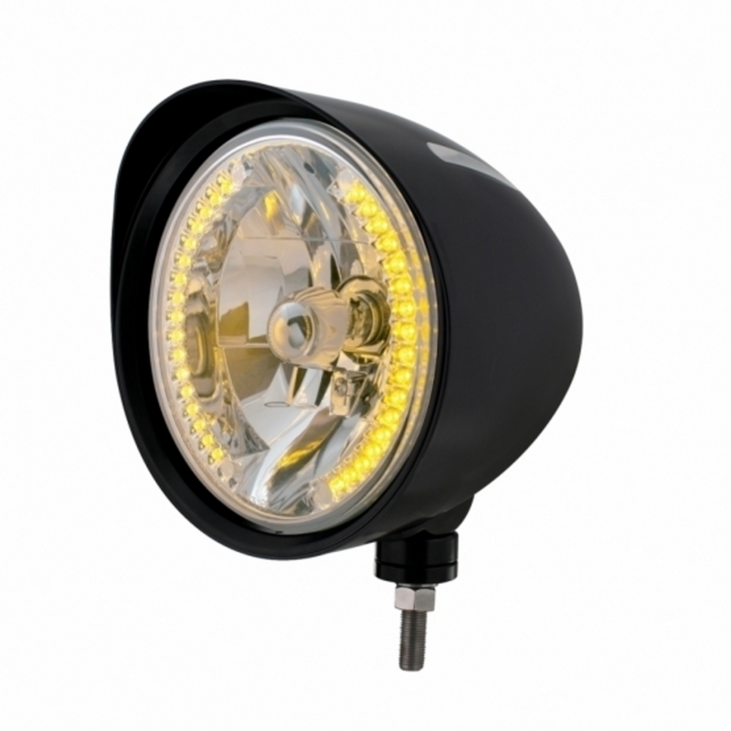 United Pacific Black "Billet" Style Groove Headlight With Visor H4 Bulb With 34 Amber LED 32681