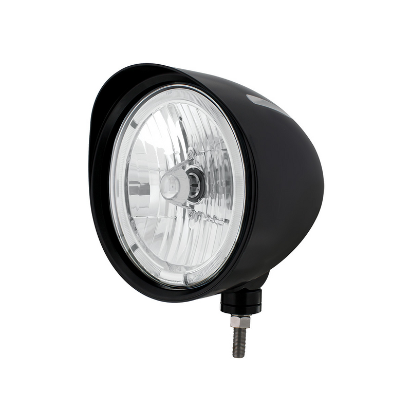 United Pacific Black "Billet" Style Groove Headlight With Visor 9007 Bulb With White LED Halo Rim 32684