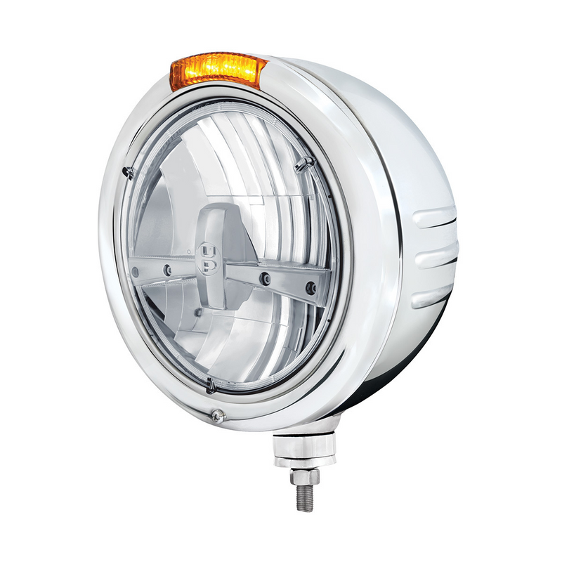 United Pacific Stainless Steel Classic Embossed Stripe Headlight 5 LED Bulb & Dual Mode LED Signal-Amber Lens 32730