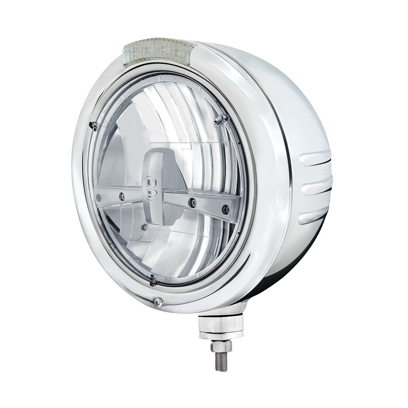 United Pacific Stainless Steel Classic Embossed Stripe Headlight 5 LED Bulb & Dual Mode LED Signal-Clear Lens 32731