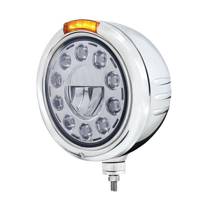 United Pacific Stainless Steel Classic Embossed Stripe Headlight 11 LED Bulb & Dual Mode LED Signal Amber Lens 32732