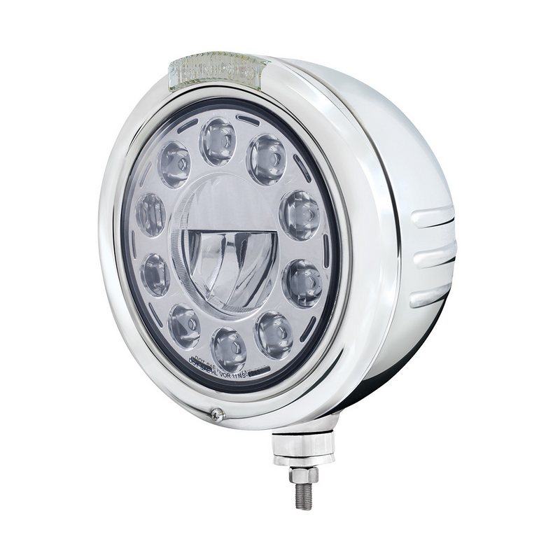 United Pacific Stainless Steel Classic Embossed Stripe Headlight 11 LED Bulb & Dual Mode LED Signal Clear Lens 32733