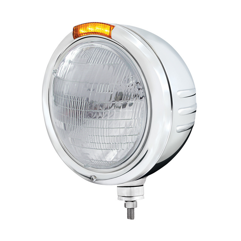 United Pacific Stainless Steel Classic Embossed Stripe Headlight 6014 & Dual Mode LED Signal Amber Lens 32734
