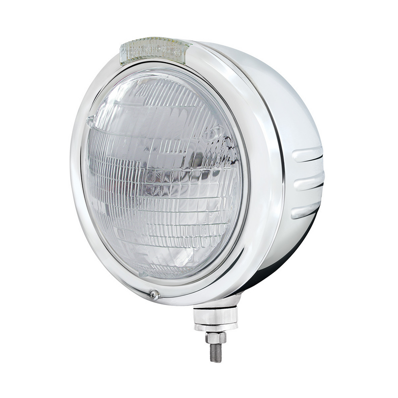 United Pacific Stainless Steel Classic Embossed Stripe Headlight 6014 & Dual Mode LED Signal Clear Lens 32735