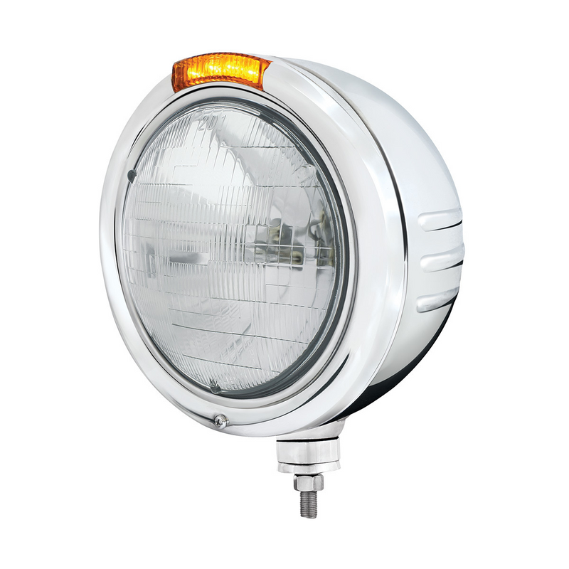 United Pacific Stainless Steel Classic Embossed Stripe Headlight H6024 & Dual Mode LED Signal-Amber Lens 32736