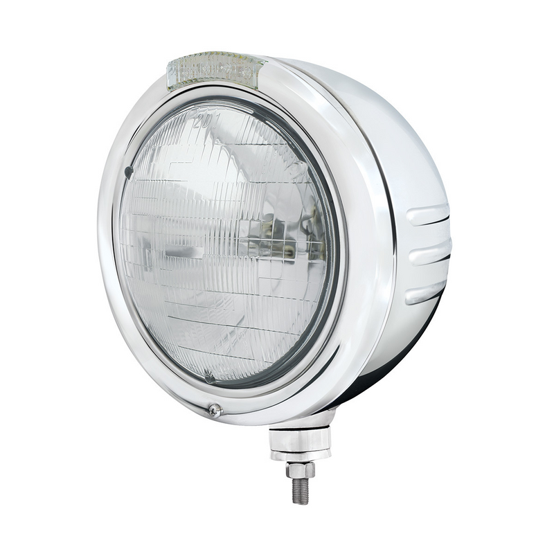 United Pacific Stainless Steel Classic Embossed Stripe Headlight H6024 & Dual Mode LED Signal-Clear Lens 32737
