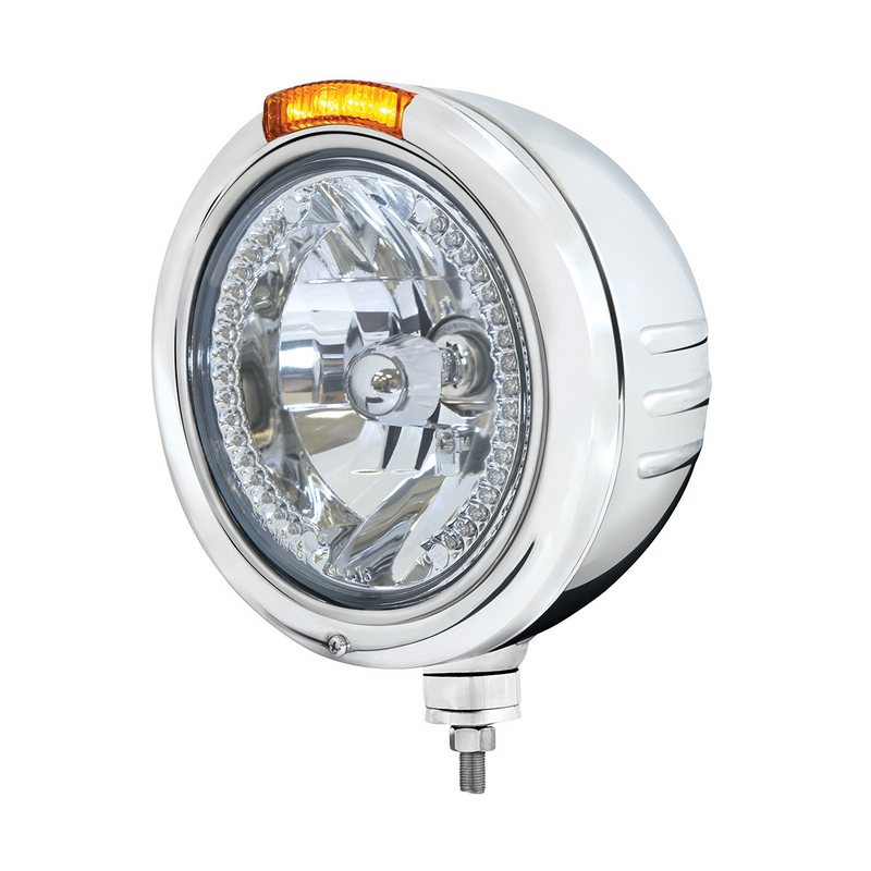 United Pacific SS Classic Embossed Stripe Headlight H4 With White LED & Dual Mode LED Signal -Amber Lens 32740