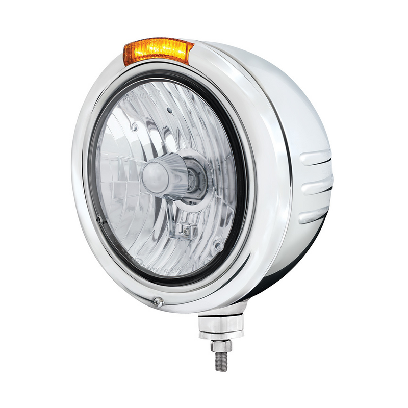 United Pacific Stainless Steel Classic Embossed Stripe Headlight Crystal H4 & Dual Mode LED Signal-Amber Lens 32742