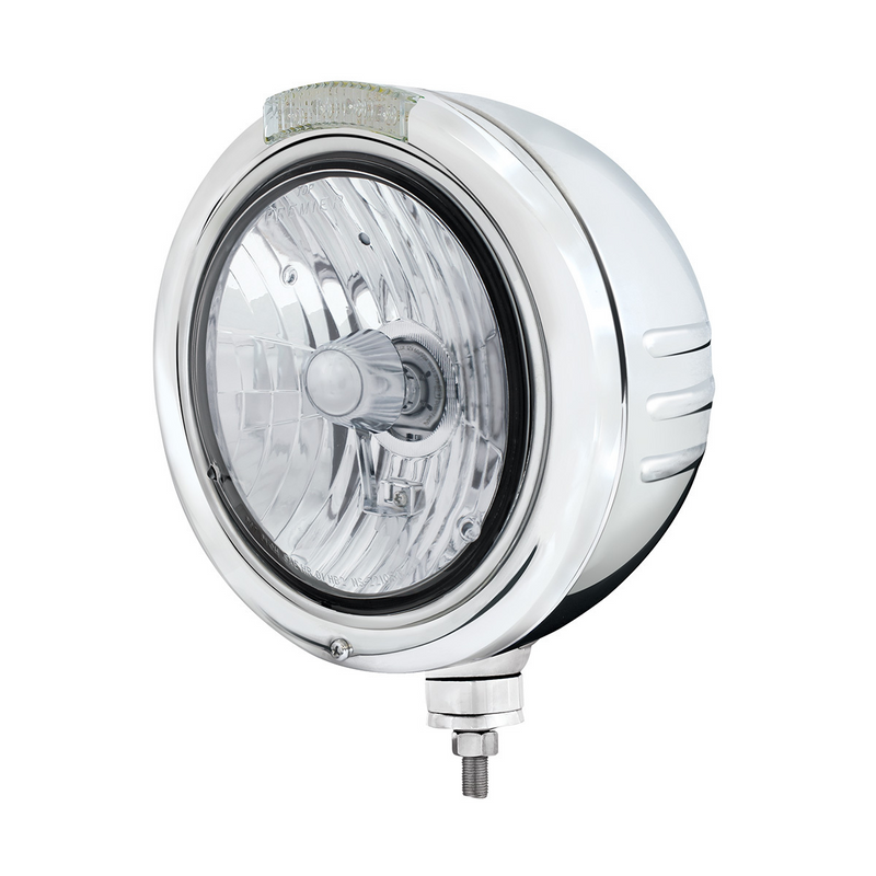 United Pacific Stainless Steel Classic Embossed Stripe Headlight Crystal H4 & Dual Mode LED Signal-Clear Lens 32743