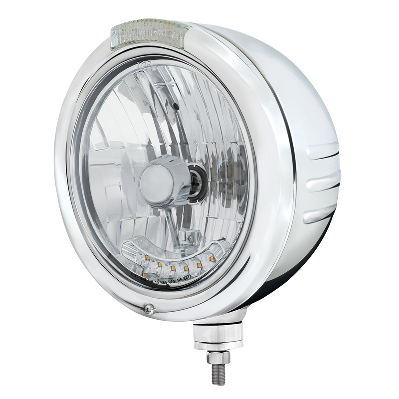 United Pacific SS Classic Embossed Stripe Headlight Housing & H4 With 6 Amber LED & Dual Mode LED Signal -Clear Lens 32745