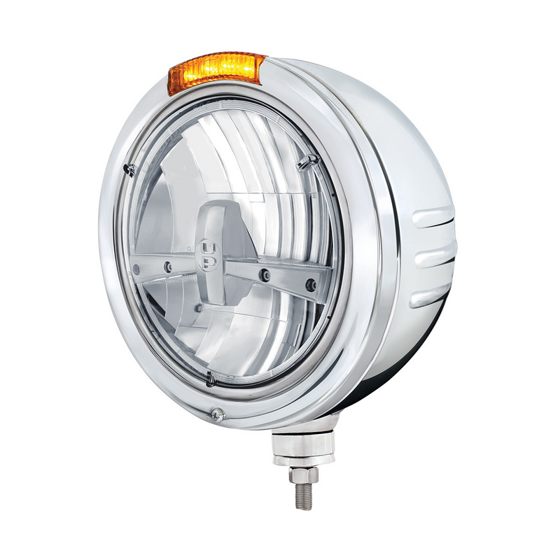 United Pacific Stainless Steel Bullet Embossed Stripe Headlight 5 LED Bulb & Dual Mode LED Signal Amber Lens 32746