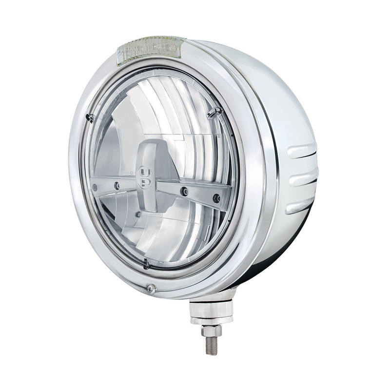 United Pacific Stainless Steel Bullet Embossed Stripe Headlight 5 LED Bulb & Dual Mode LED Signal Clear Lens 32747