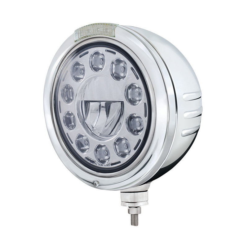 United Pacific Stainless Steel Bullet Embossed Stripe Headlight 11 LED Bulb & Dual Mode LED Signal-Clear Lens 32749