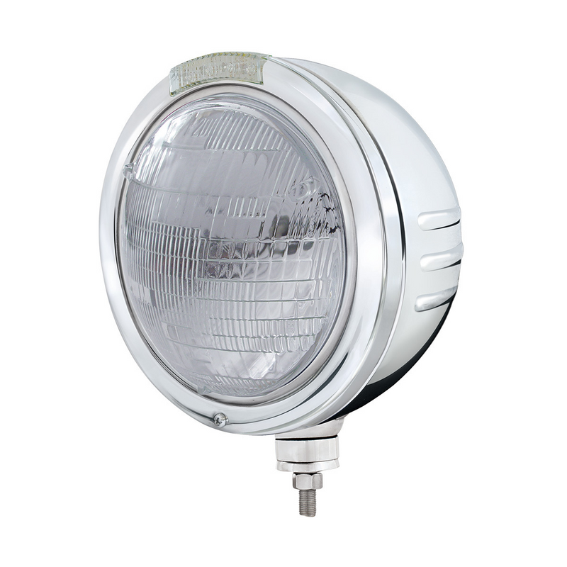 United Pacific Stainless Steel Bullet Embossed Stripe Headlight 6014 & Dual Mode LED Signal Clear Lens 32751
