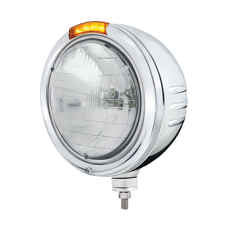 United Pacific Stainless Steel Bullet Embossed Stripe Headlight H6024 & Dual Mode LED Signal Amber Lens 32752