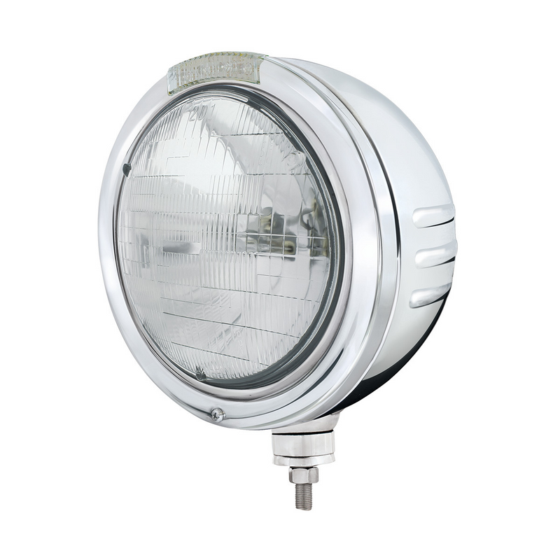 United Pacific Stainless Steel Bullet Embossed Stripe Headlight H6024 & Dual Mode LED Signal Clear Lens 32753