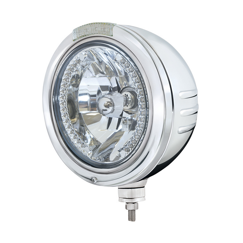 United Pacific Stainless Steel Bullet Embossed Stripe Headlight H4 With Amber LED & Dual Mode LED Signal Clear Lens 32755