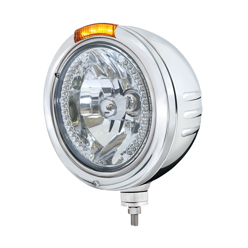 United Pacific Stainless Steel Bullet Embossed Stripe Headlight H4 With White LED & Dual Mode LED Signal Amber Lens 32756