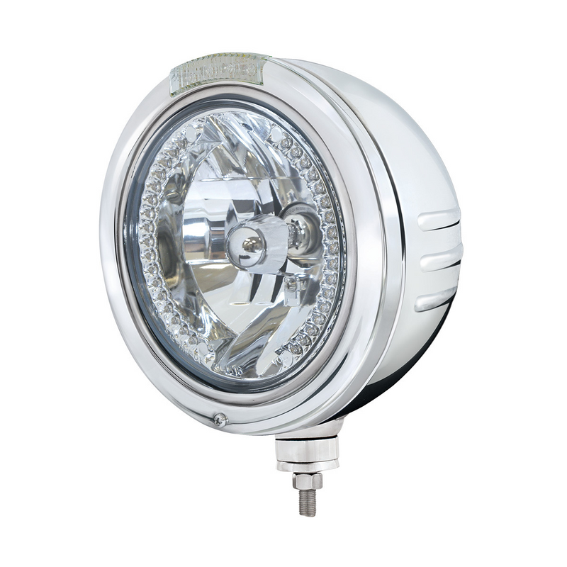 United Pacific Stainless Steel Bullet Embossed Stripe Headlight H4 With White LED & Dual Mode LED Signal Clear Lens 32757