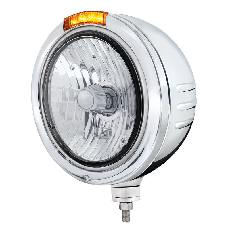 United Pacific Stainless Steel Bullet Embossed Stripe Headlight Crystal H4 & Dual Mode LED Signal-Amber Lens 32758