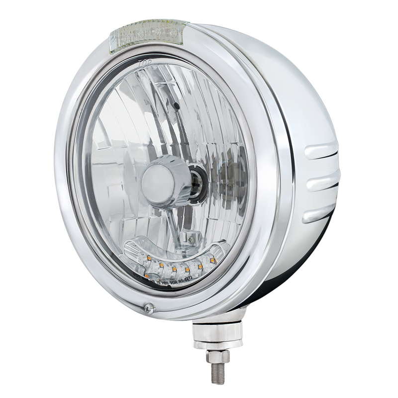 United Pacific SS Bullet Embossed Stripe Headlight Housing & H4 With 6 Amber LEDs & Dual Mode LED Signal -Clear Lens 32761