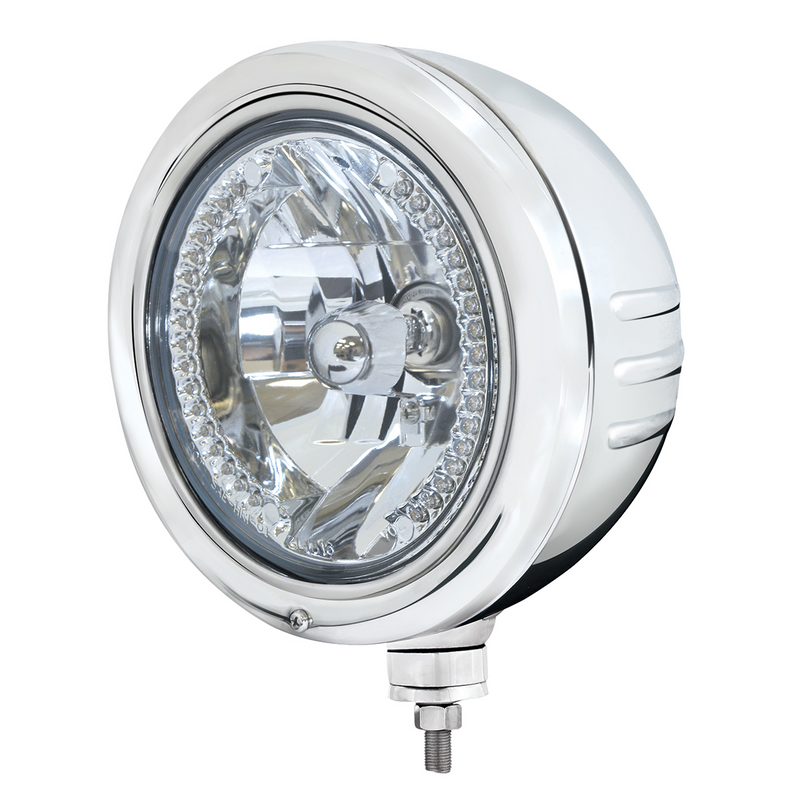 United Pacific Stainless Classic Embossed Stripe Headlight Housing With 34 White LED Crystal Halogen Headlight 32767