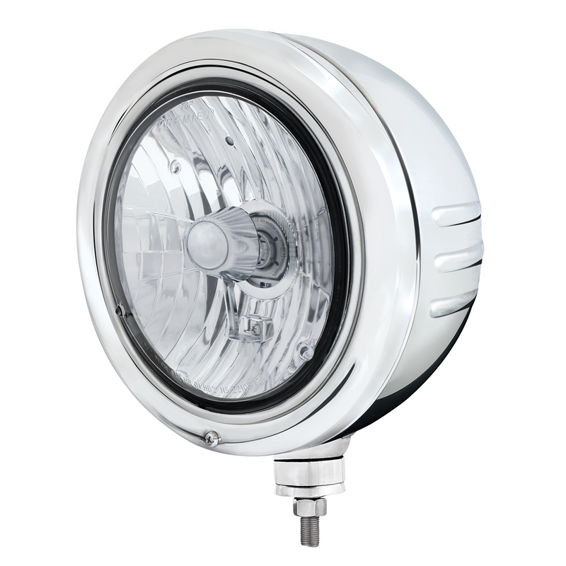 United Pacific Stainless Classic Embossed Stripe Headlight Housing With Crystal H4 Halogen Headlight 32768